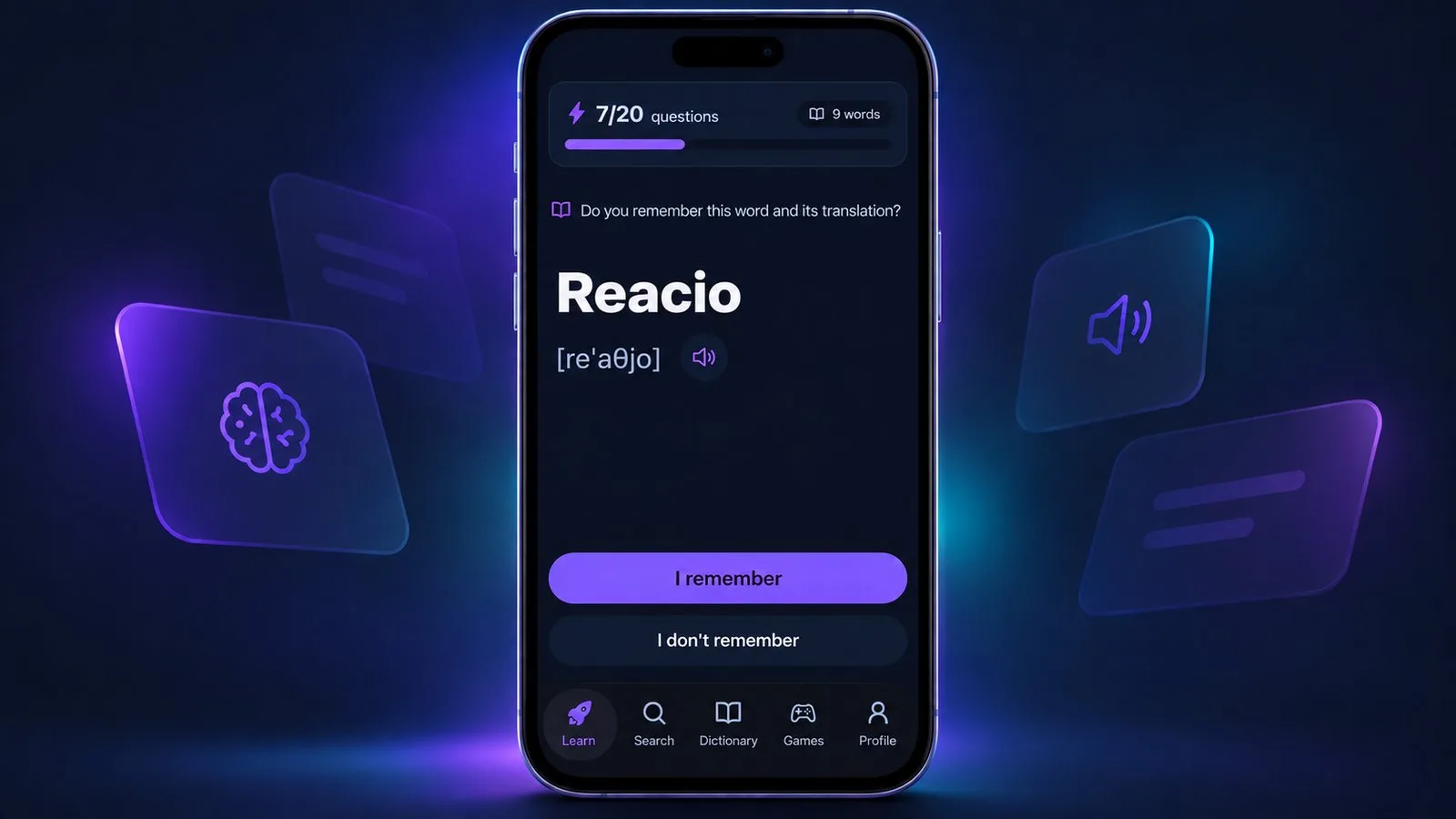 Recall mode in VibeLing: the word is shown, the translation is hidden, buttons I remember and I don't remember