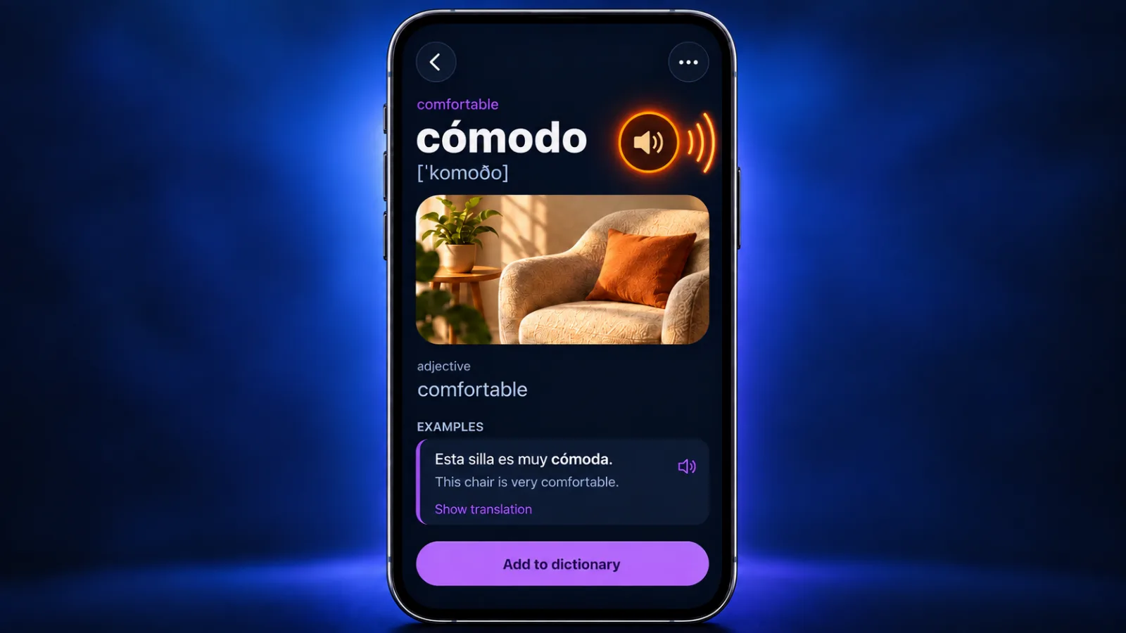 Word card for cómodo in VibeLing with the audio button and transcription