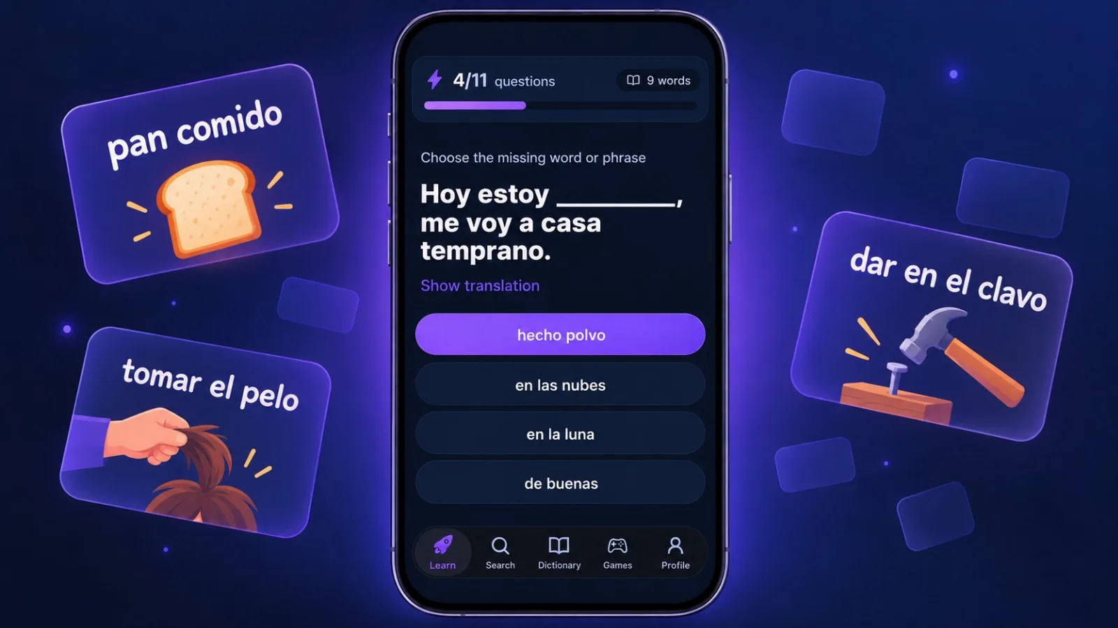 Missing word exercise in VibeLing with the idiom hecho polvo