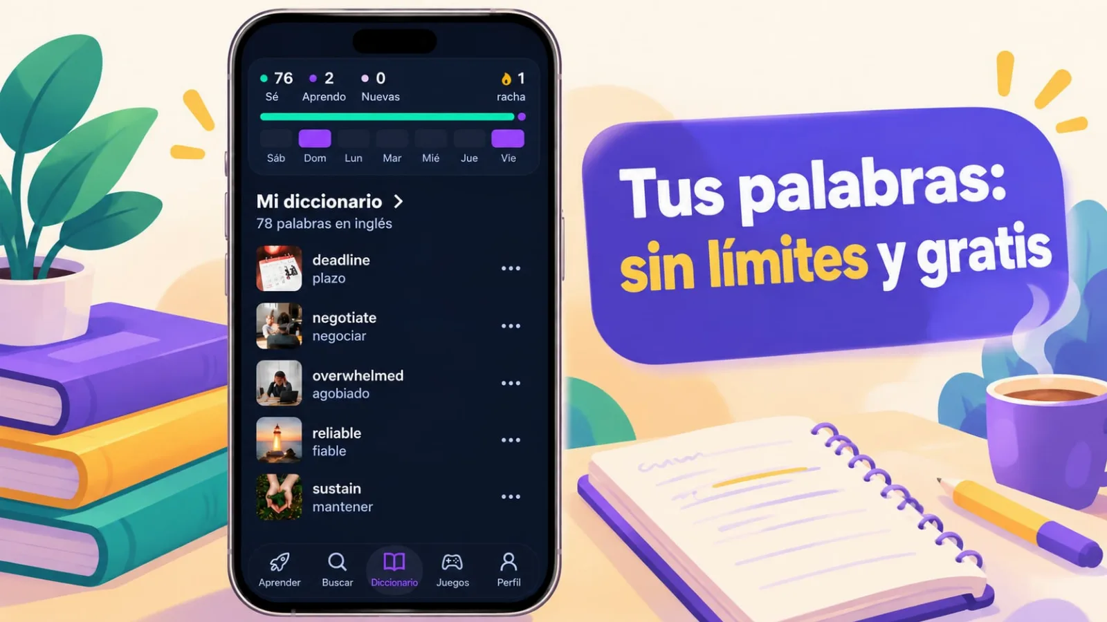 Diccionario personal de VibeLing: palabras propias sin límites en la versión gratuita