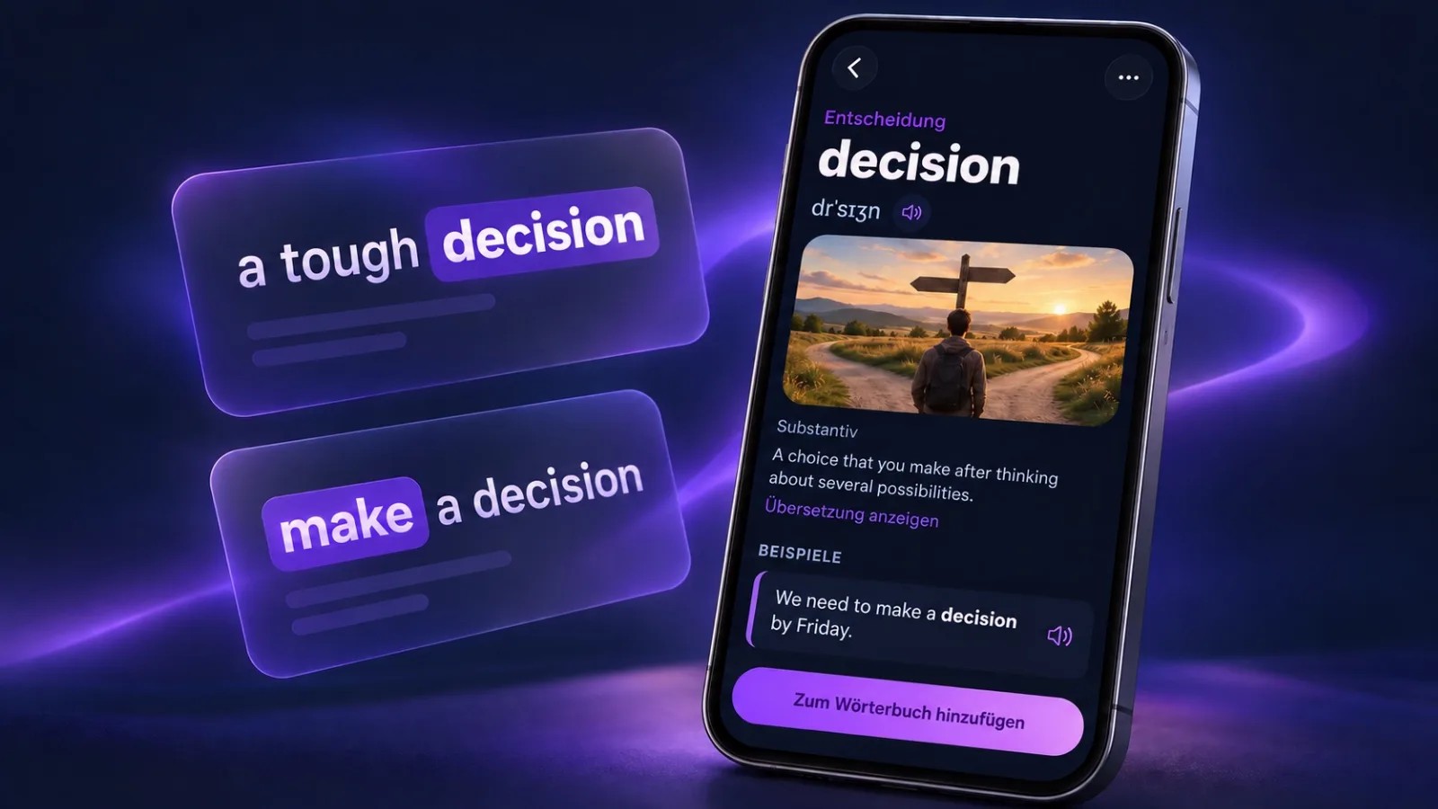 Wortkarte für decision mit Beispiel in VibeLing