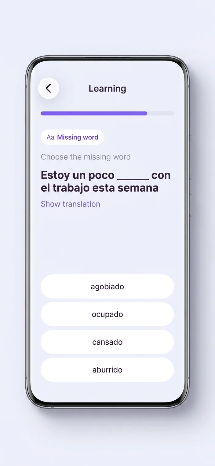 VibeLing exercise: pick the missing Spanish word in a sentence