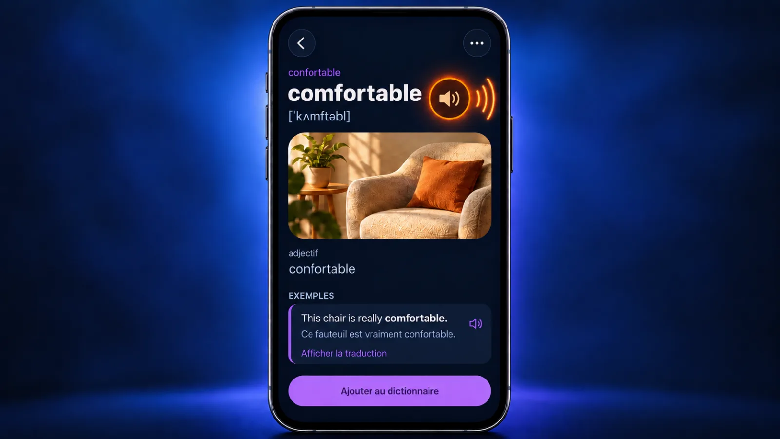 Carte du mot comfortable dans VibeLing avec le bouton audio et la transcription