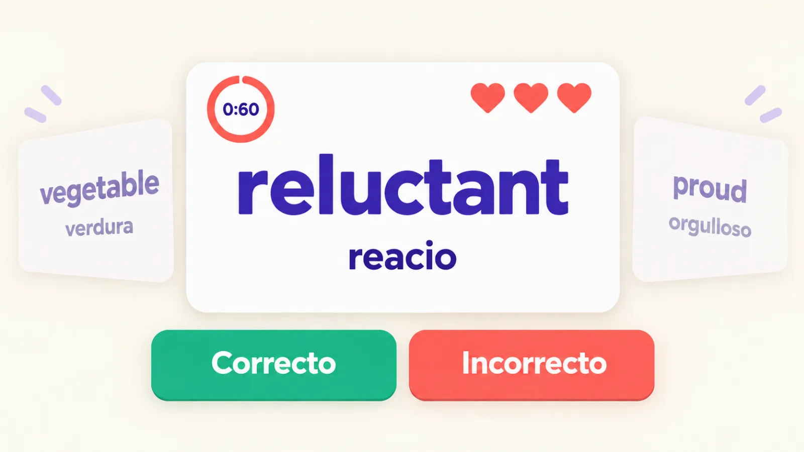 Juego «Verdadero o falso»: la palabra reluctant, la traducción «reacio» y los botones «Correcto» / «Incorrecto»