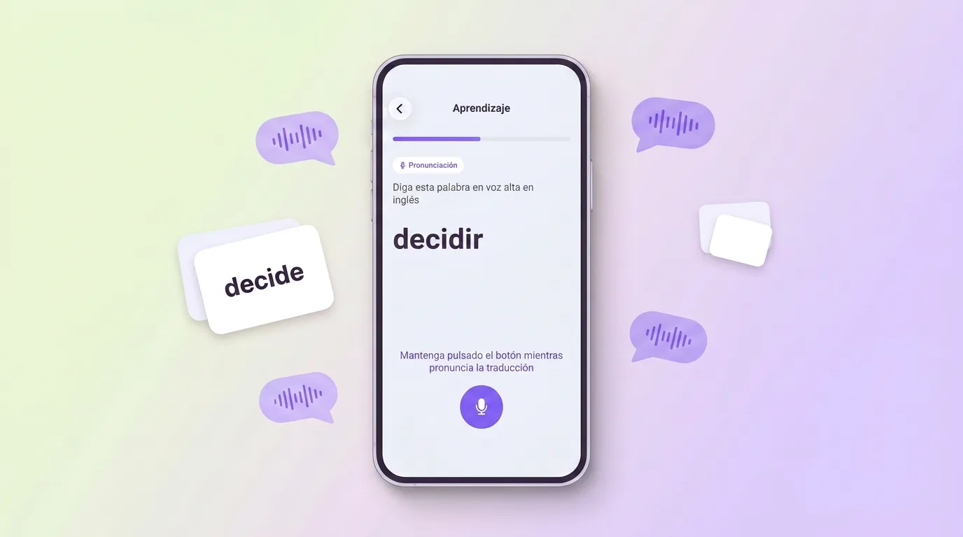 Pantalla de práctica de pronunciación en VibeLing: la palabra en español hay que decirla en inglés
