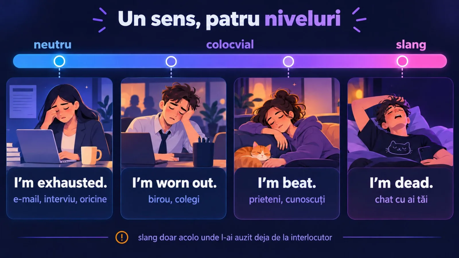 Scara registrului: I'm exhausted, I'm worn out, I'm beat, I'm dead
