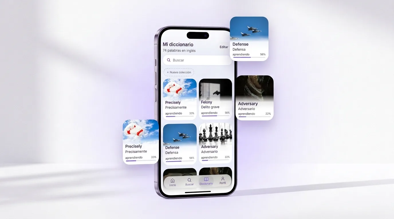 Pantalla Mi diccionario en VibeLing: colección de tarjetas de palabras con imágenes y progreso