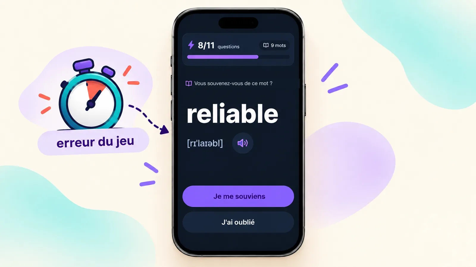 Écran de mémorisation dans VibeLing : le mot reliable revenu en révision après une erreur dans le jeu