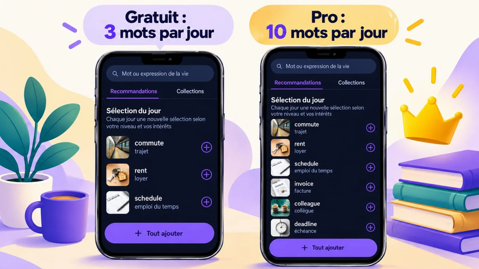 Recommandations de mots dans VibeLing : 3 par jour gratuitement, 10 en Pro