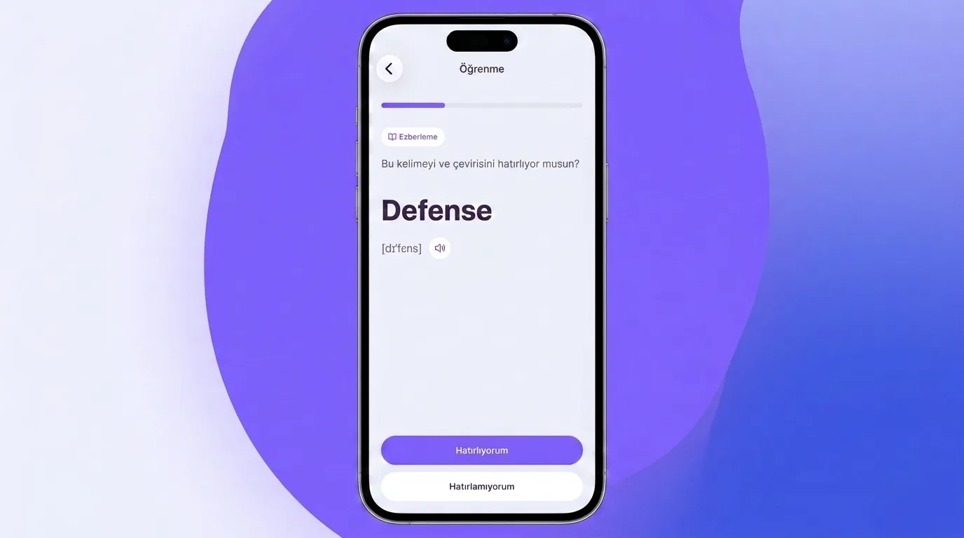 VibeLing'de Defense kelimesiyle ezberleme alıştırması