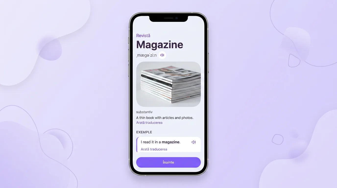 Cardul cuvântului magazine în VibeLing: traducere, transcriere, definiție și exemplu