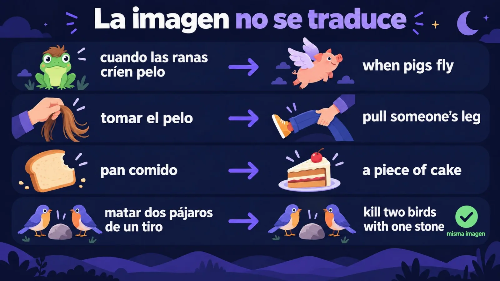 Modismos españoles y sus equivalentes ingleses con otra imagen