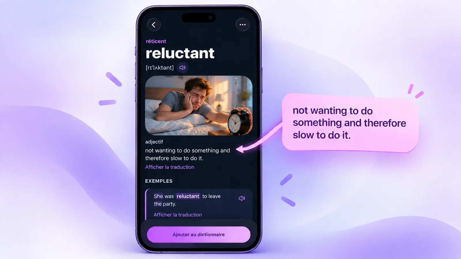 Fiche de mot dans VibeLing avec définition, image et exemples