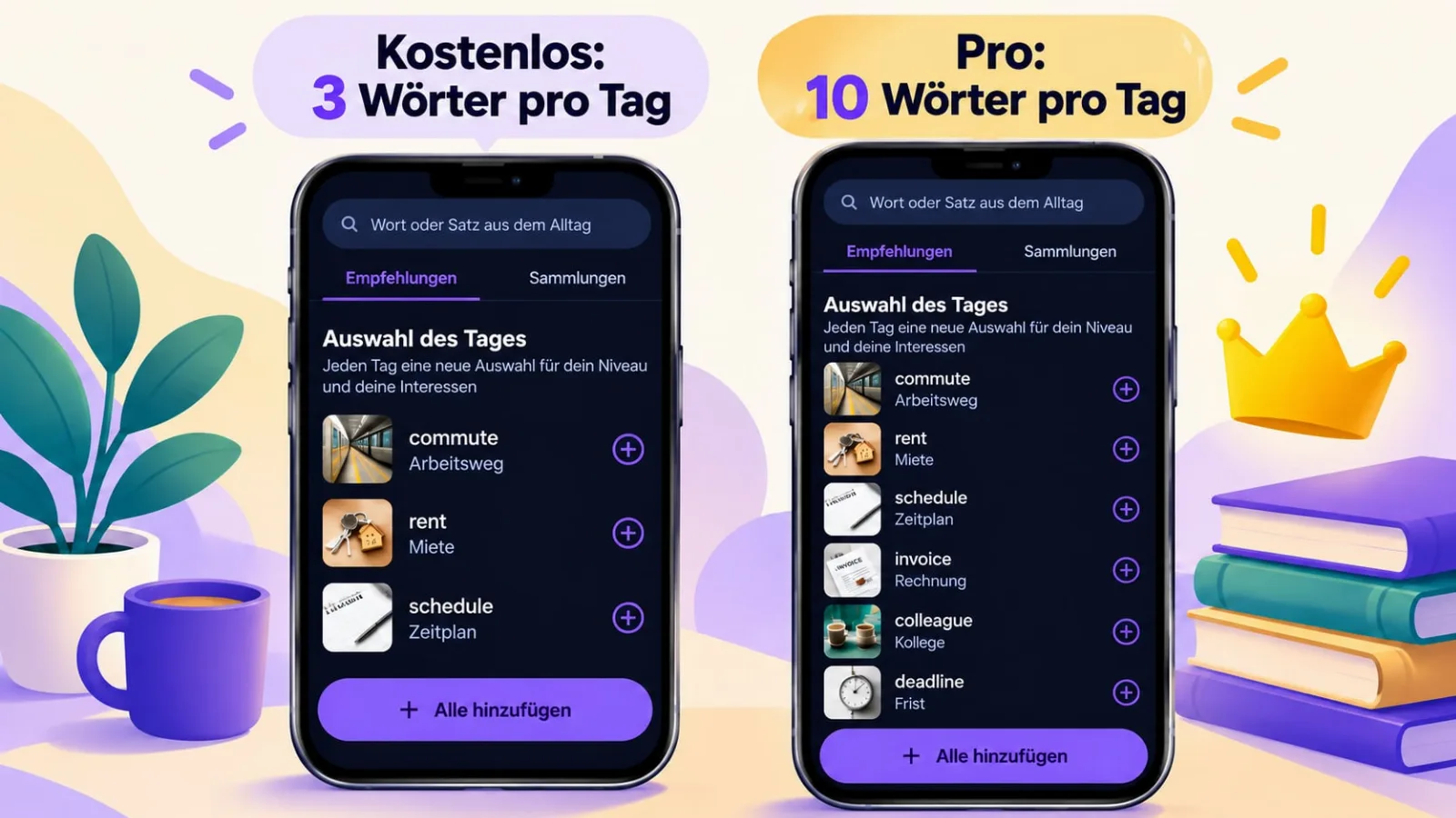 Wortempfehlungen in VibeLing: 3 pro Tag kostenlos, 10 in Pro
