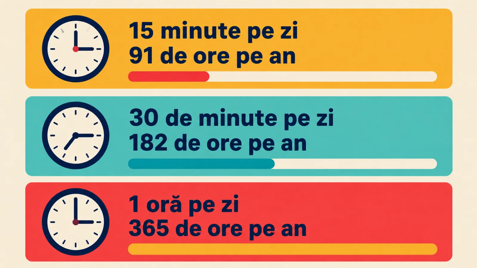 Câte ore pe an ies la 15, 30 și 60 de minute de studiu pe zi