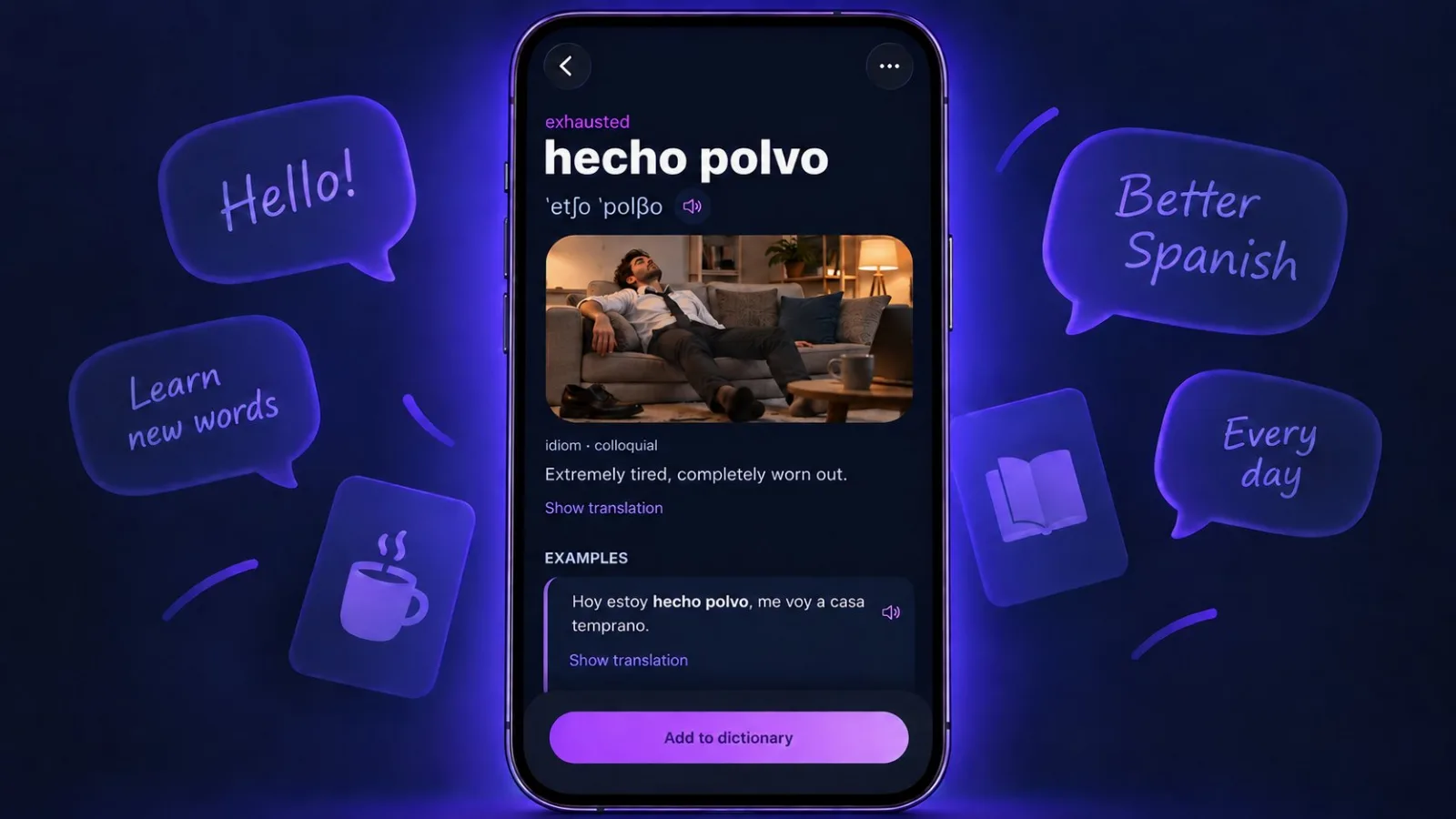 Word card for the idiom hecho polvo in VibeLing: translation, example, audio