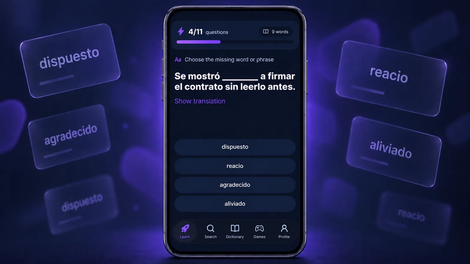 Missing Word mode in VibeLing: a Spanish sentence with a gap and four options