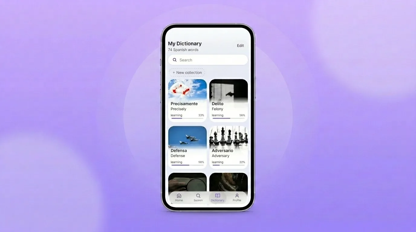 My Dictionary screen in VibeLing: word cards with learning progress