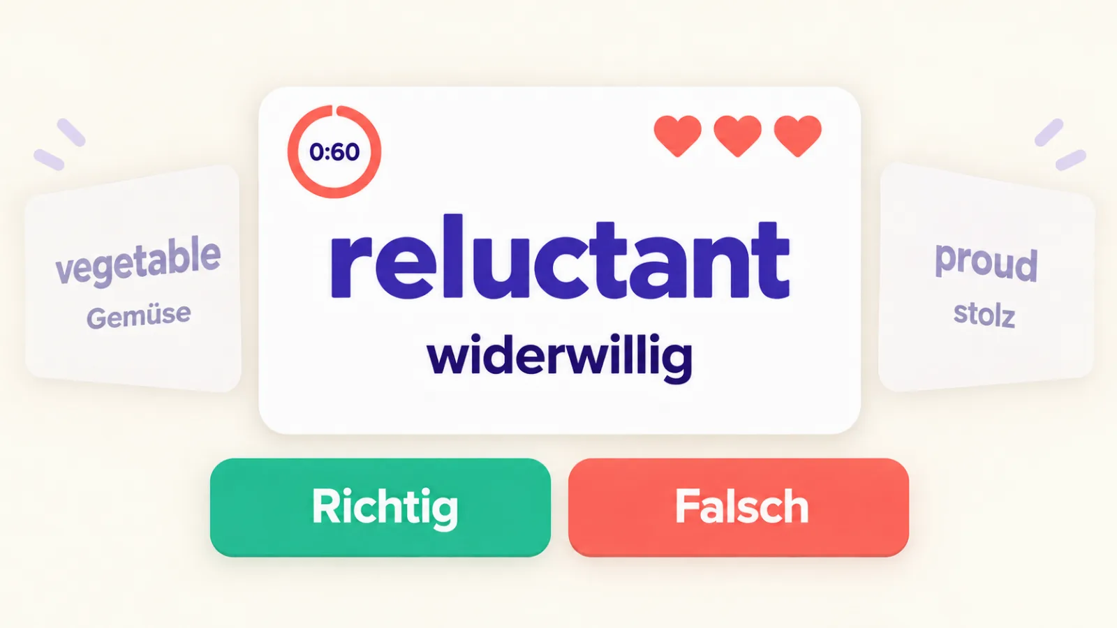 Spiel „Richtig oder falsch“: das Wort reluctant, die Übersetzung „widerwillig“ und die Buttons „Richtig“ / „Falsch“