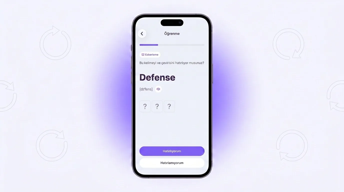 VibeLing'de antrenman: Defense kelimesini ve çevirisini hatırlayıp hatırlamadığının kontrolü