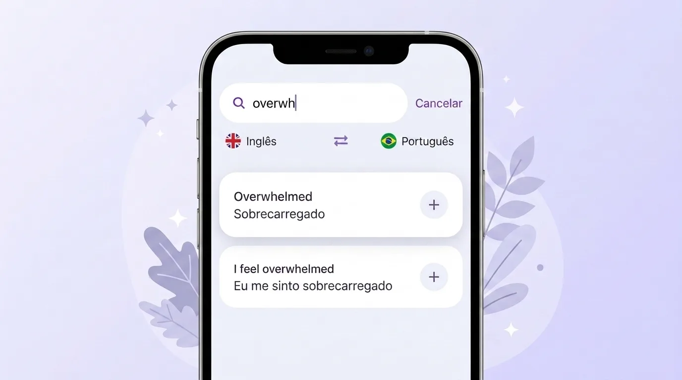 Tela do VibeLing: salvando a palavra overwhelmed com a tradução
