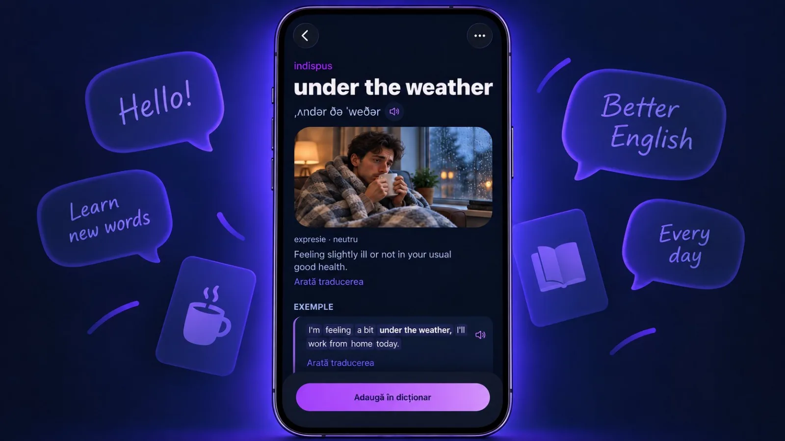 Cardul expresiei under the weather în VibeLing: traducere, exemplu, audio