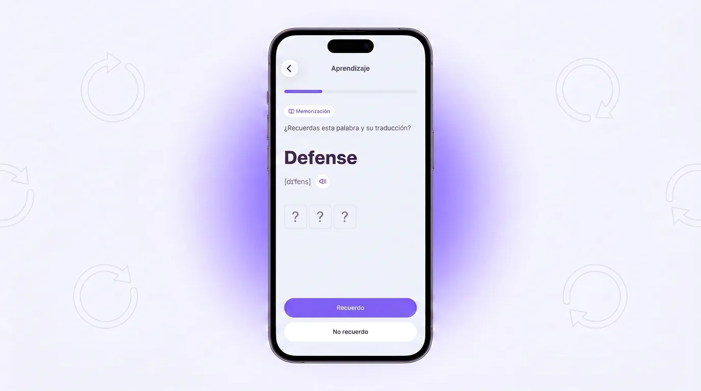Entrenamiento en VibeLing: comprobando si recuerdas la palabra Defense y su traducción