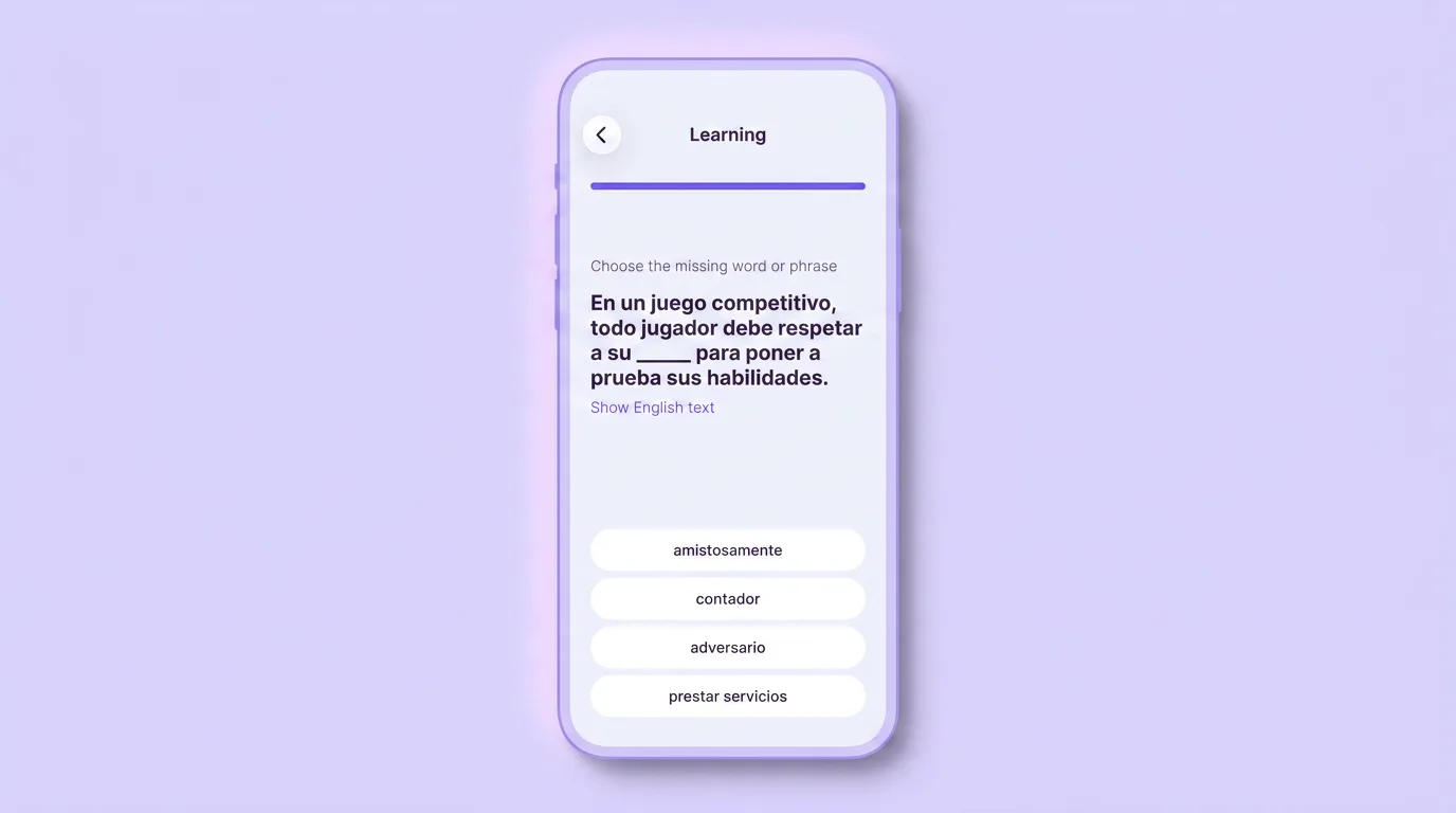 Practice screen: choose the missing word in a Spanish sentence