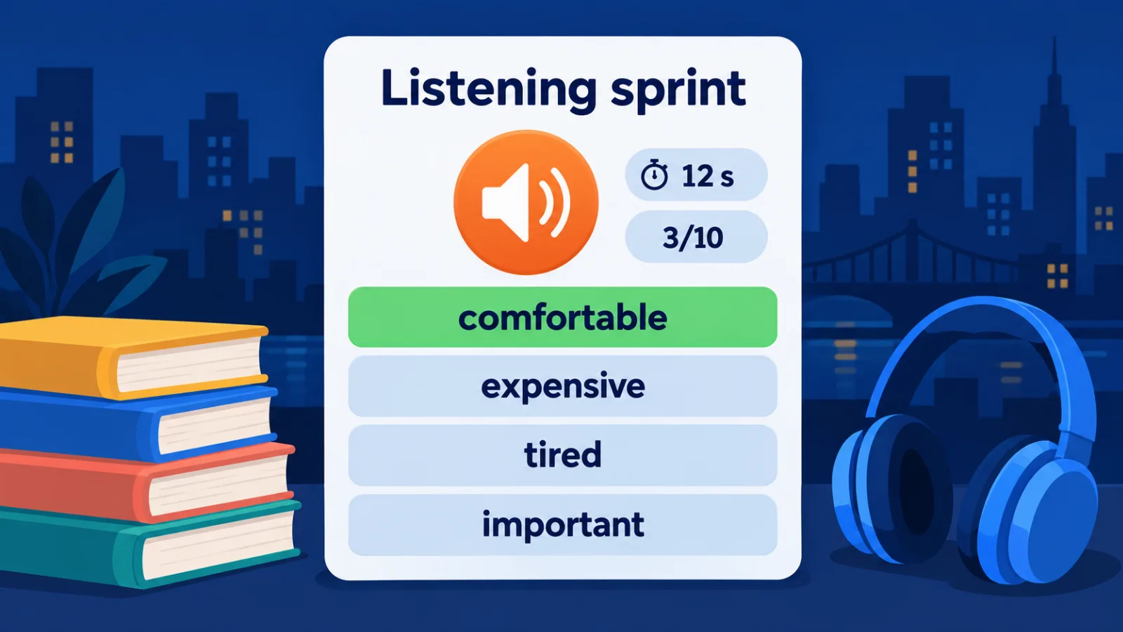 Listening sprint game: the word is spoken, pick the translation in 12 seconds
