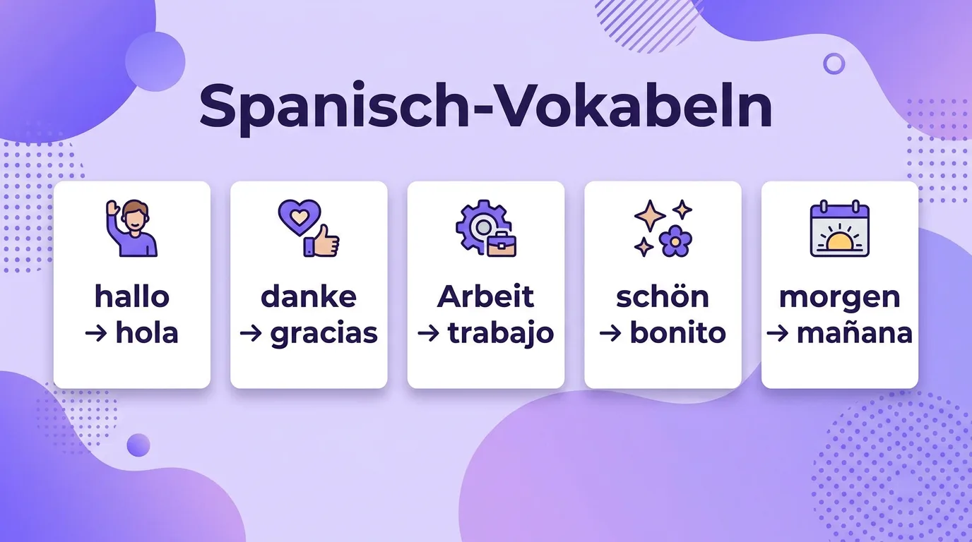 Infografik mit fünf Wortpaaren Deutsch-Spanisch: hallo, danke, Arbeit, schön, morgen