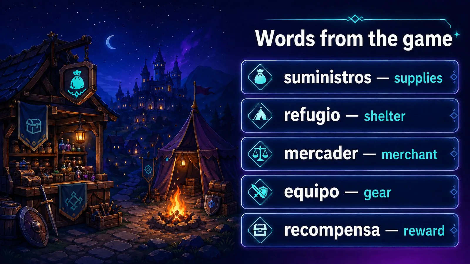 Spanish words from a game and their translations