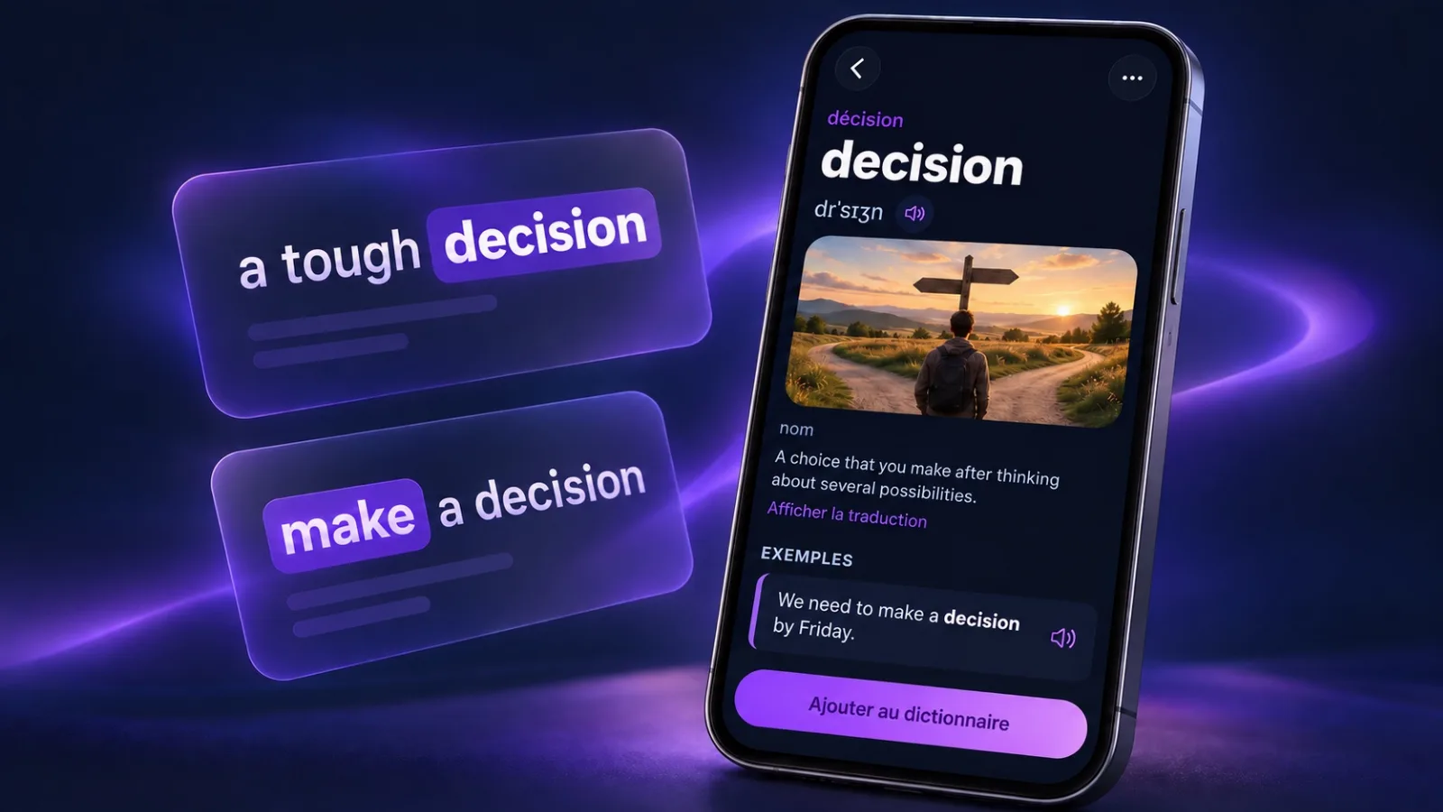 Fiche du mot decision avec un exemple dans VibeLing