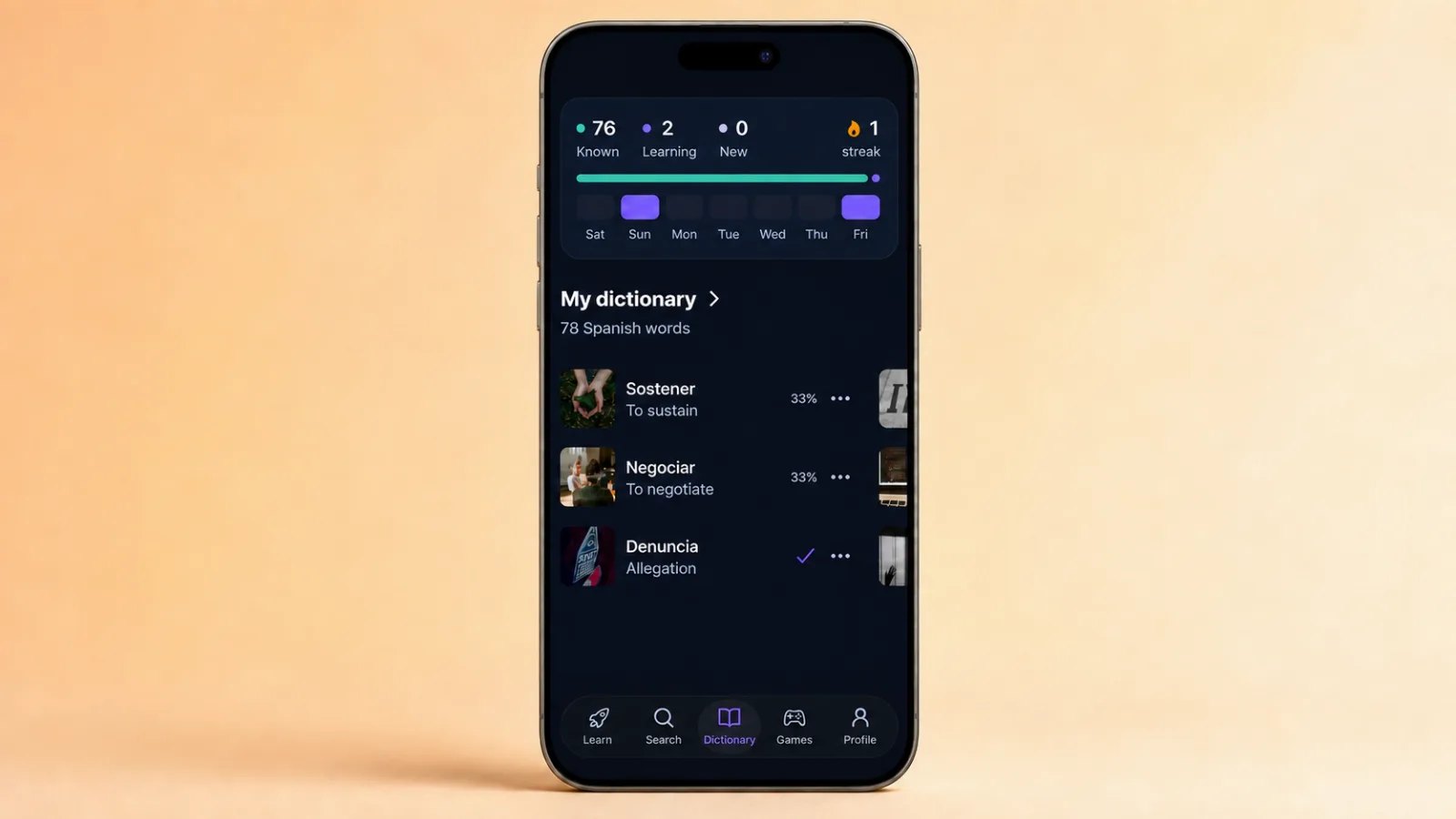 The dictionary screen in VibeLing: streak, weekly activity and the known / learning / new split