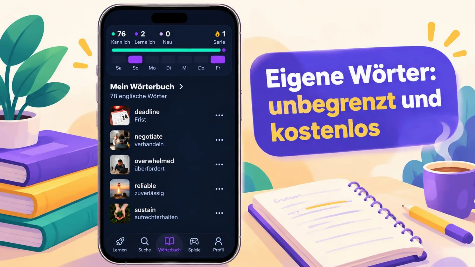 Persönliches Wörterbuch in VibeLing: eigene Wörter unbegrenzt in der Gratisversion