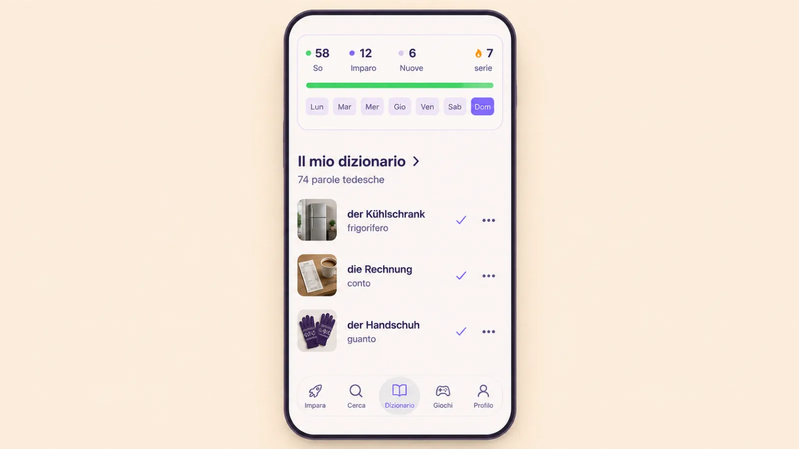 La schermata Il mio dizionario in VibeLing con parole tedesche