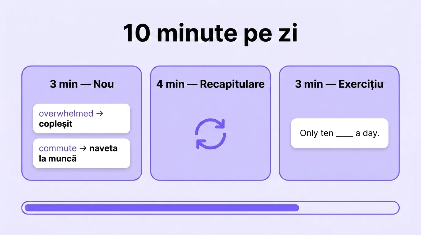 Cum împarți 10 minute: 3 minute nou, 4 minute recapitulare, 3 minute exercițiu